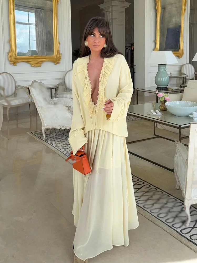 HH Female Elegant Sets Light Yellow VNeck Long Sleeves Tierred Decoration LaceUp ShirtsHigh Waist Skirt Women Suits 260306