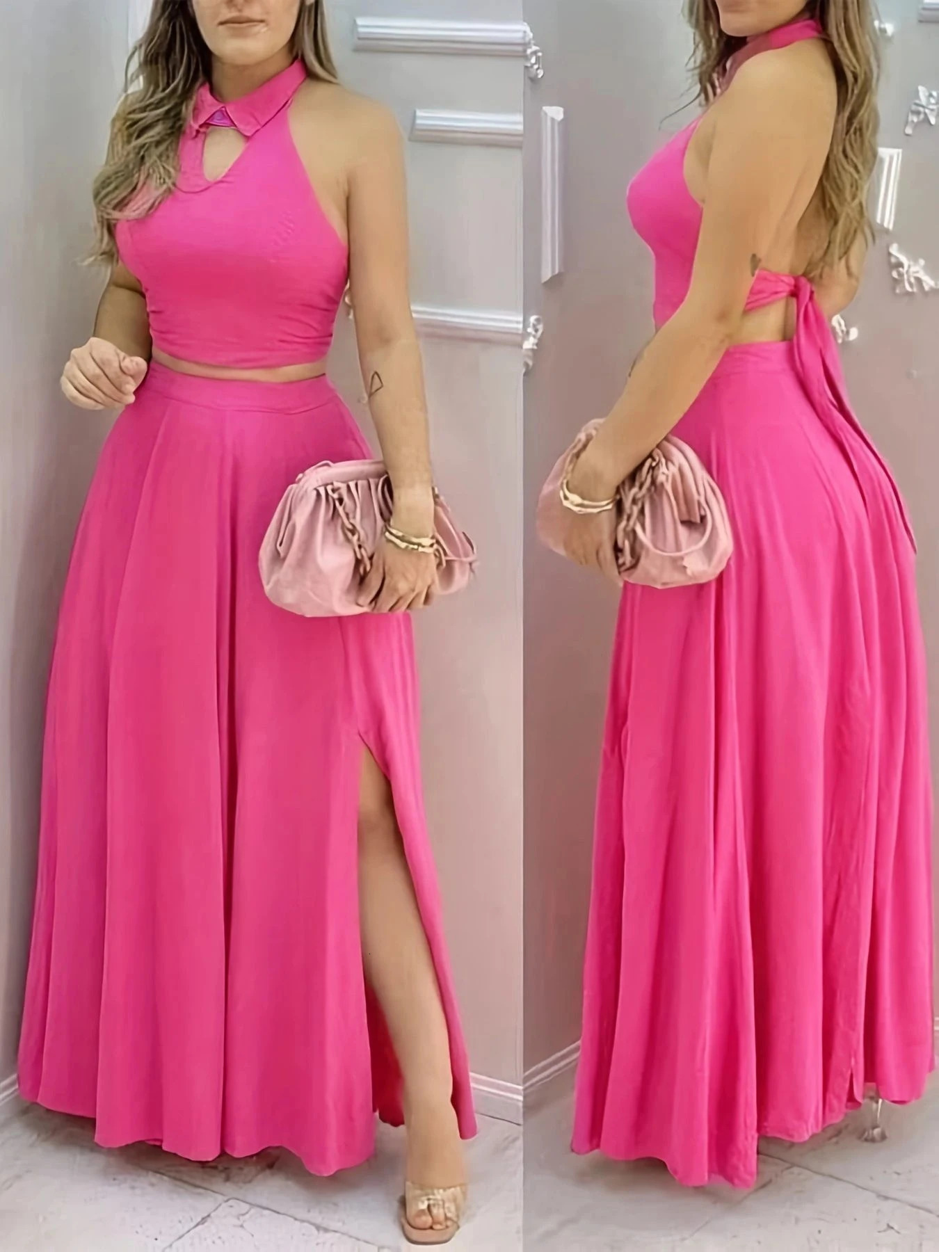 Womens Pink Two Piece Set Halter Collar Crop Top Split Maxi Skirt Ideal for Evening Parties Summer Weddings Chic Outings 260306