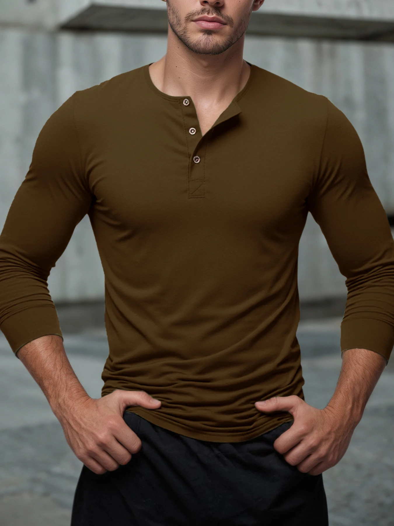 Autumn Henley Collar T Shirt Men Casual Long Sleeve Pullover Solid Color Crew Neck Basic Sweatshirts Top Fashion Slim 260302