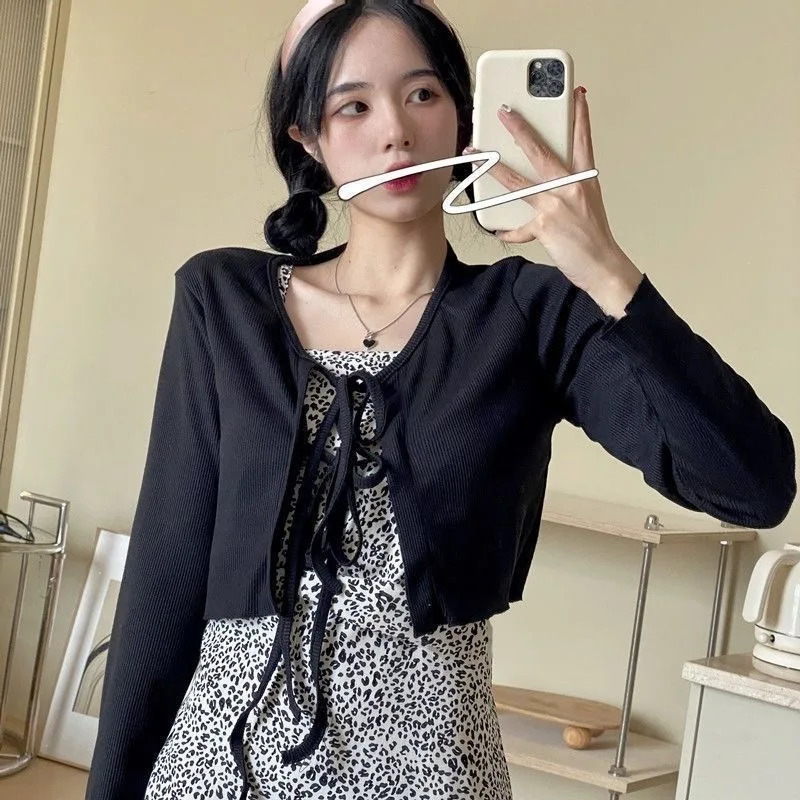 White Knitted Cardigan Women Summer Thin Sunscreen LaceUp Knitwear Tops Female Korean Style Flare Sleeve Short Lovely Coat 260306