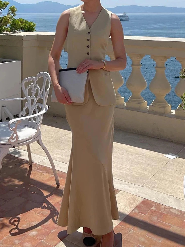 HH Womens Elegant Vest Long Skirt Set Sleeveless Vneck Tank Top High Waist Skirts Female Suit Summer Office Lady 260306