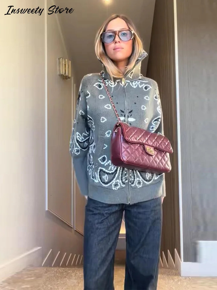 Fashion Knit Printed Sweater Womens Stand Collar Long Sleeve Zippers Vintage Style Cardigan 2026 Spring Lady Casual Top 260305