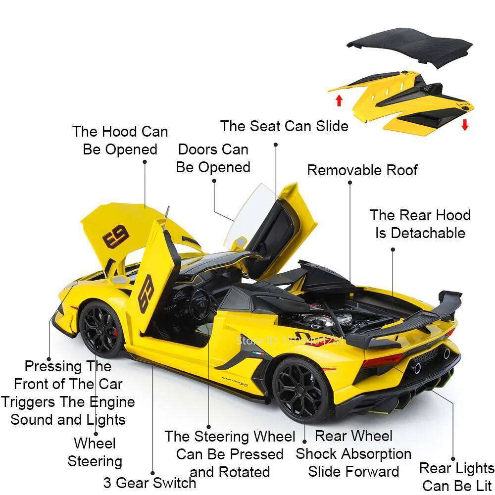 Large Size 1:18 Lambor SVJ63 Pagani Huayra Alloy Sport Car Diecast Toys Model Doors Opened Sound Light Pull Back Adult Gift Boys Z260306