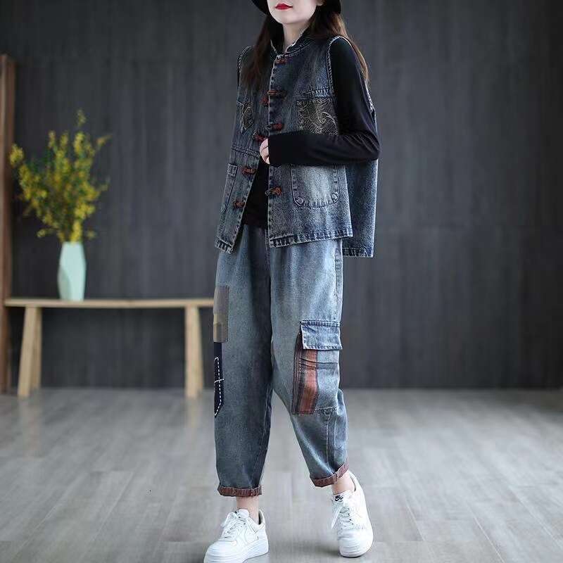 Mardi Hefxessdr Women's Denim Vest Cotton Spring and Summer Short Plus Size Vest Chinese Style Korean Fashionable Sleeveless Jacket Women