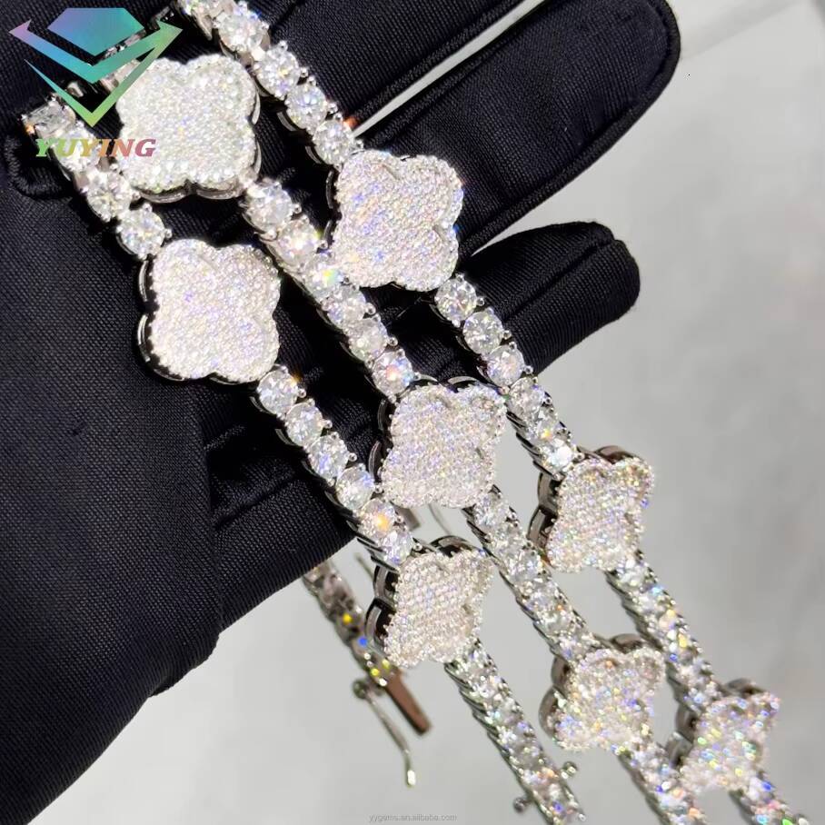 Clover Bracelet S925 Silver Moissanite Hip Hop Jewelry Cuban Iced Out Bracelet 3mm 4mm Moissanite Four Leaf Clover Bracelet