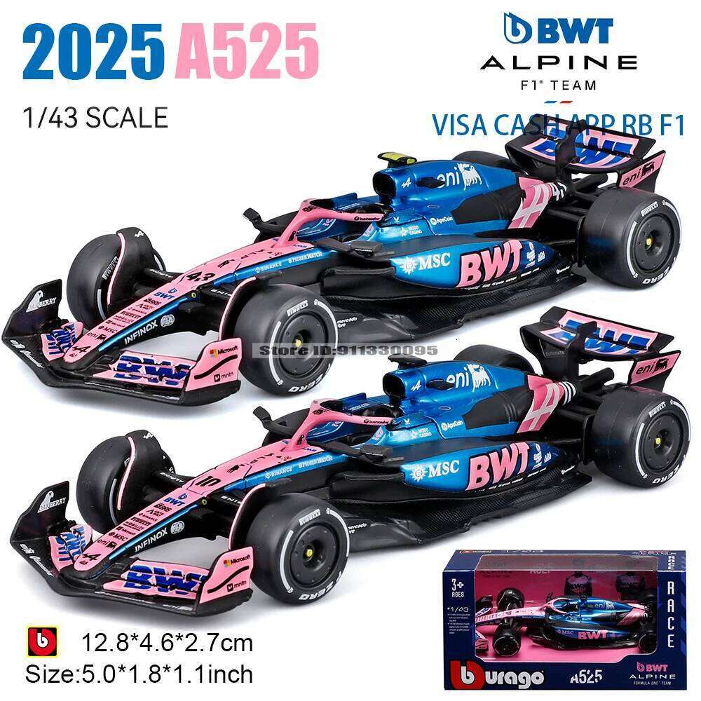 Bburago 1:43 2025 F1 Alpine A525 #10 Pierre Gasly #43 Franco Colapinto alloy car die casting model toy collection Z260306