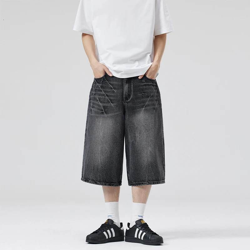 Summer American Lightning Crack Black Grey Jeans Mens Straight Tube Loose Wide Leg Shorts Y2k Street Hip Hop Sevens 260306