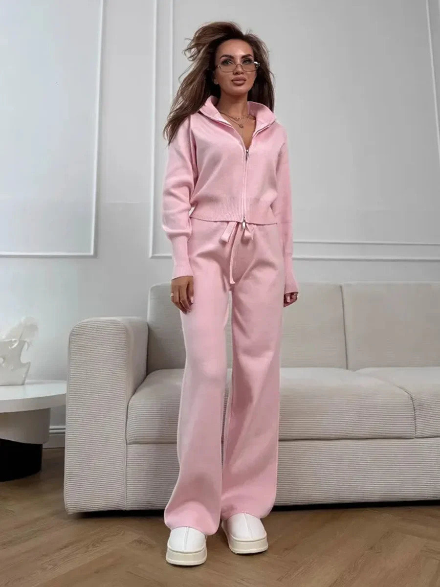 Wolfeel Autumn Winter Zip Up Knit Pants Set Womens Trendy Slim Fit Cardigan Chic Commuting Sweater Outfit 260306