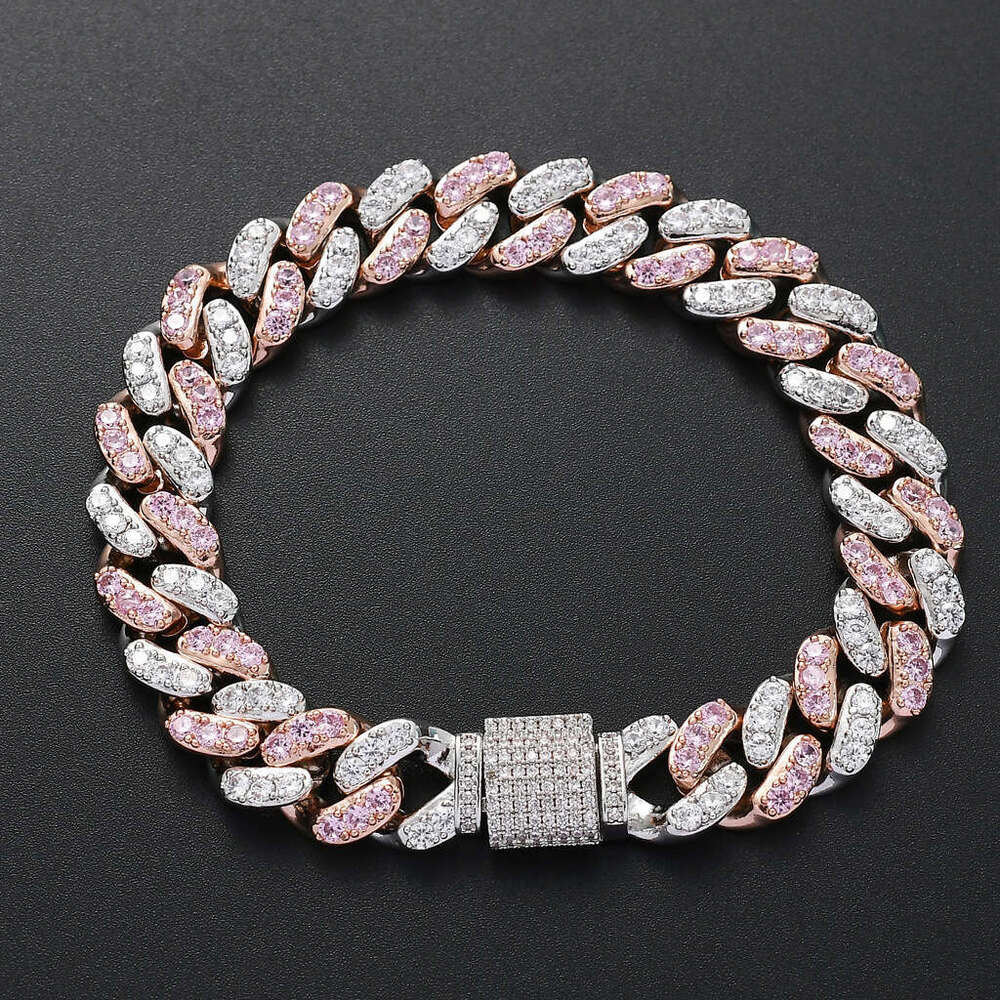 Direct sales from the source manufacturer: high-quality 12mm Cuban chain men's personalized hip-hop bracelet with zircon stones, pink white, Euro