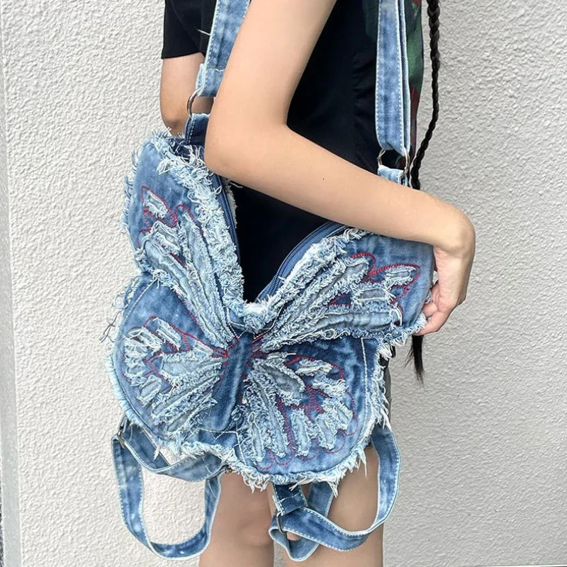 Fashion Butterfly Embroidery Shoulder Bags Y2k Aesthetic Trendy Women Casual Backpacks Vintage Denim Harajuku Crossbody Handbags 260307