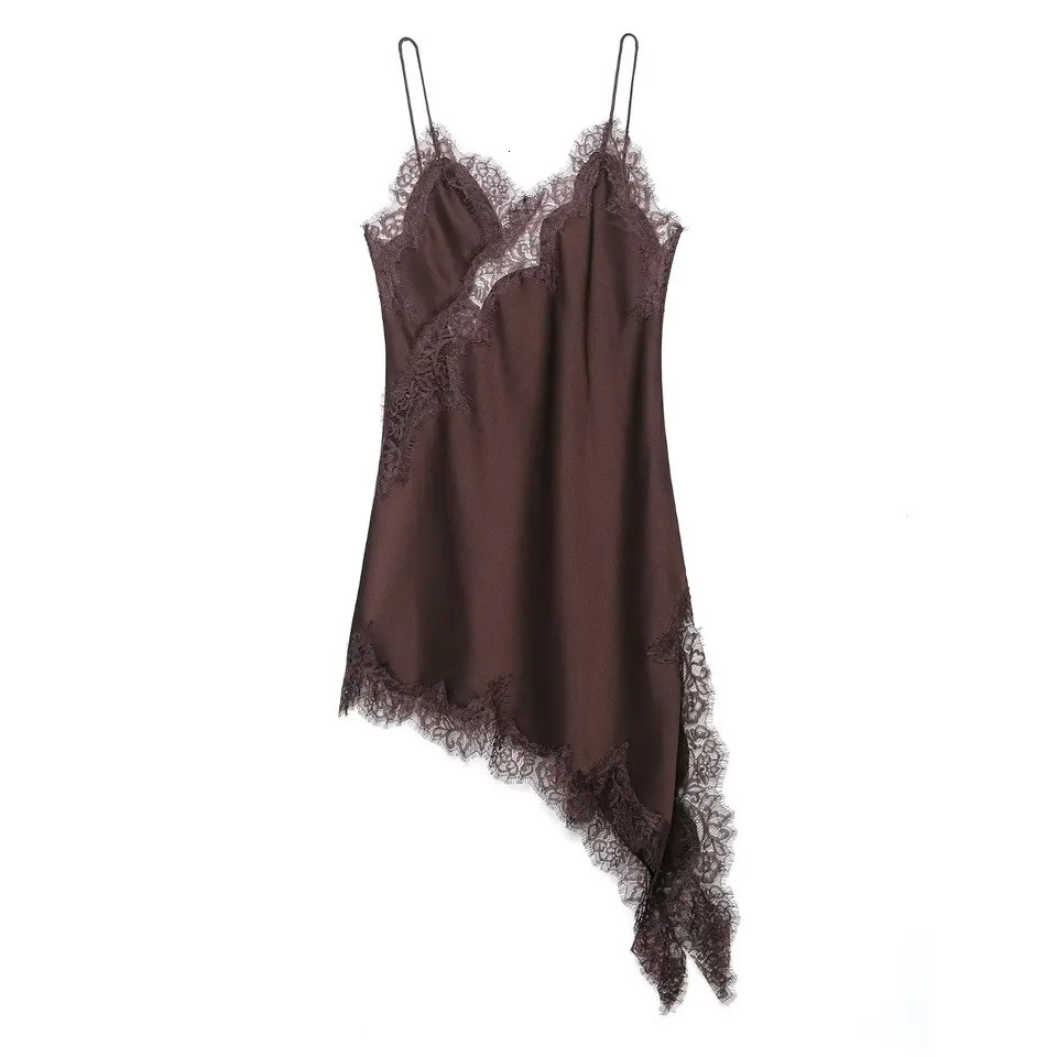 3 colors Sexy Hollow Out See Through Lace Spliced Satin Sling Dress Women Side Slit Hem Asymmetric Dresses Backless Robe 260306
