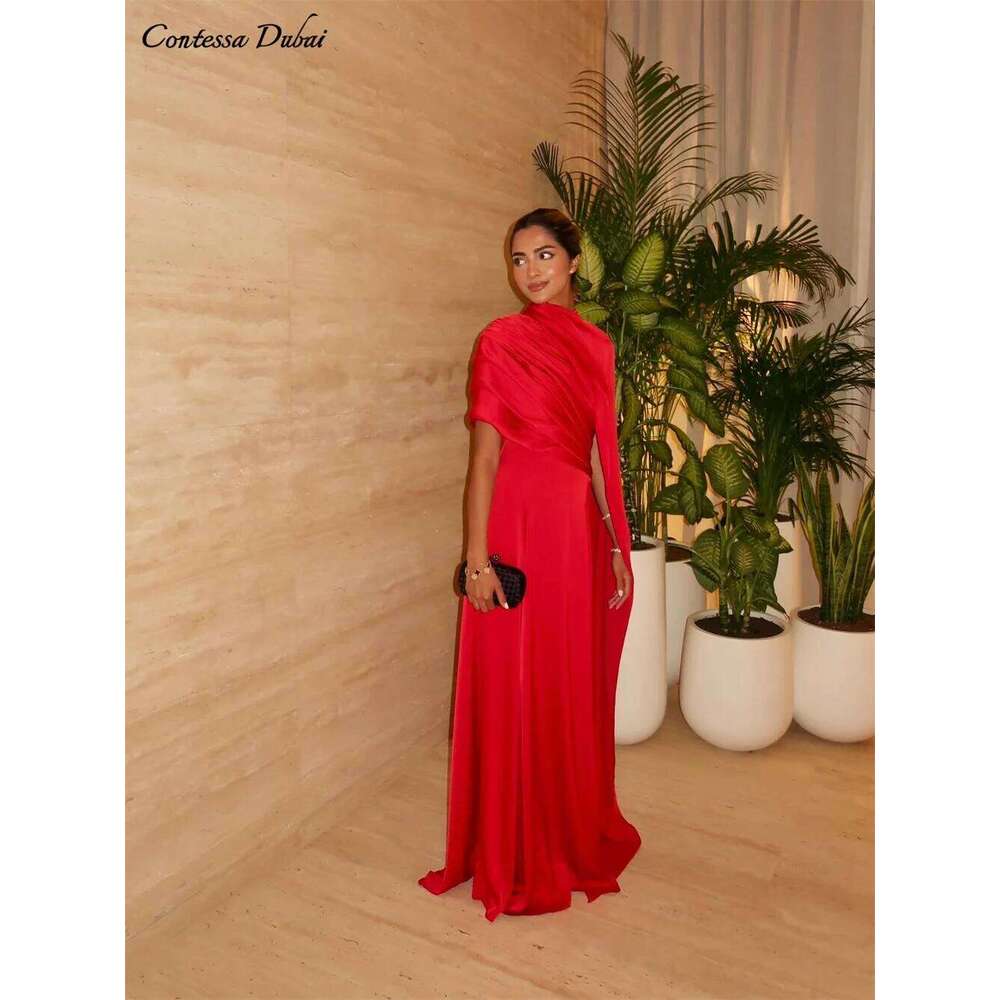 Dubai Custom True Red Column Dress With Cloak Sleeveless Vestidos De Gala Floor-Length Prom Party Dress