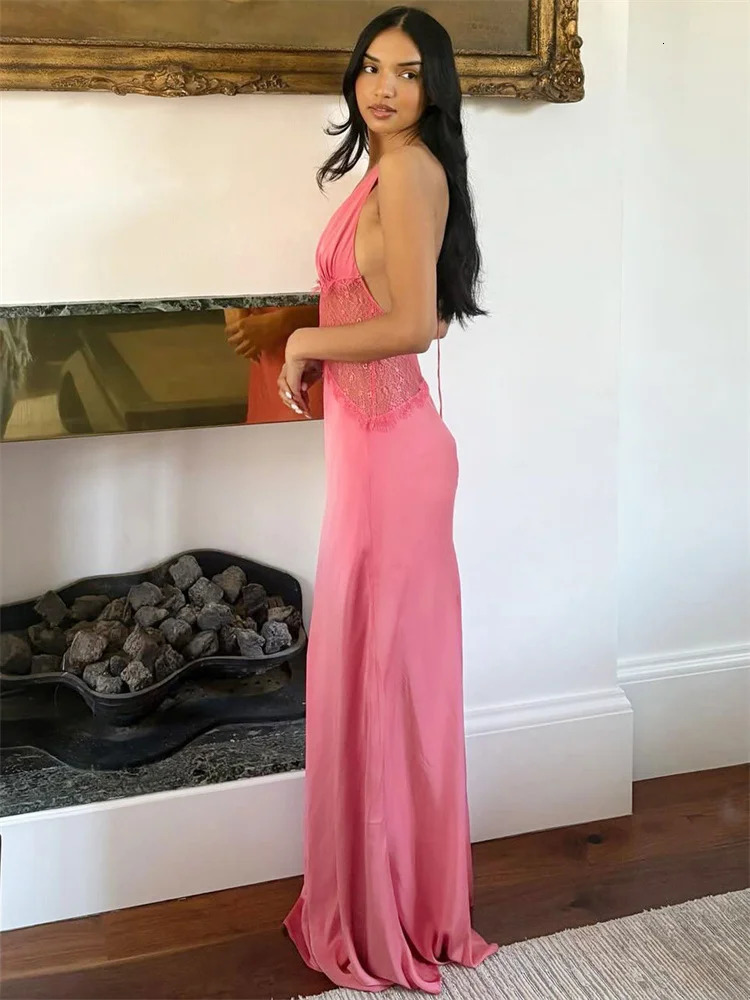Tossy VNeck Lace Patchwork Long Dress For Women SeeThrough Backless LaceUp High Waist Party Female Bandage Maxi 260306