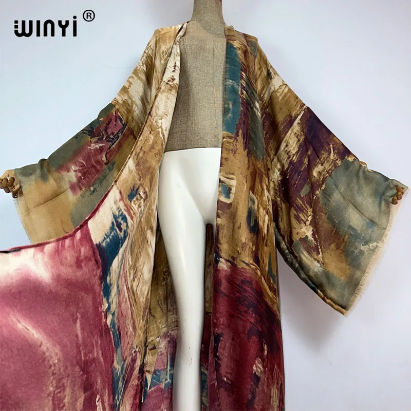 WINYI kimono Oil print Bikini Coverup Elegant beach outfits for women sexy cotton feeling vestidos para mujer dress kaftan 260228