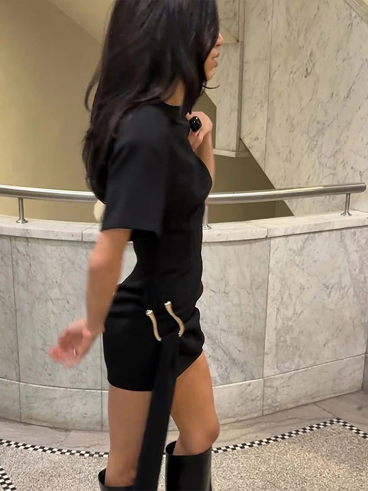 Elegant Chic Mini Dress Women Slim O Neck Short Sleeves Patchwork Ribbon Vestidos Female Spring Summer Evening Dresses Lady 260306