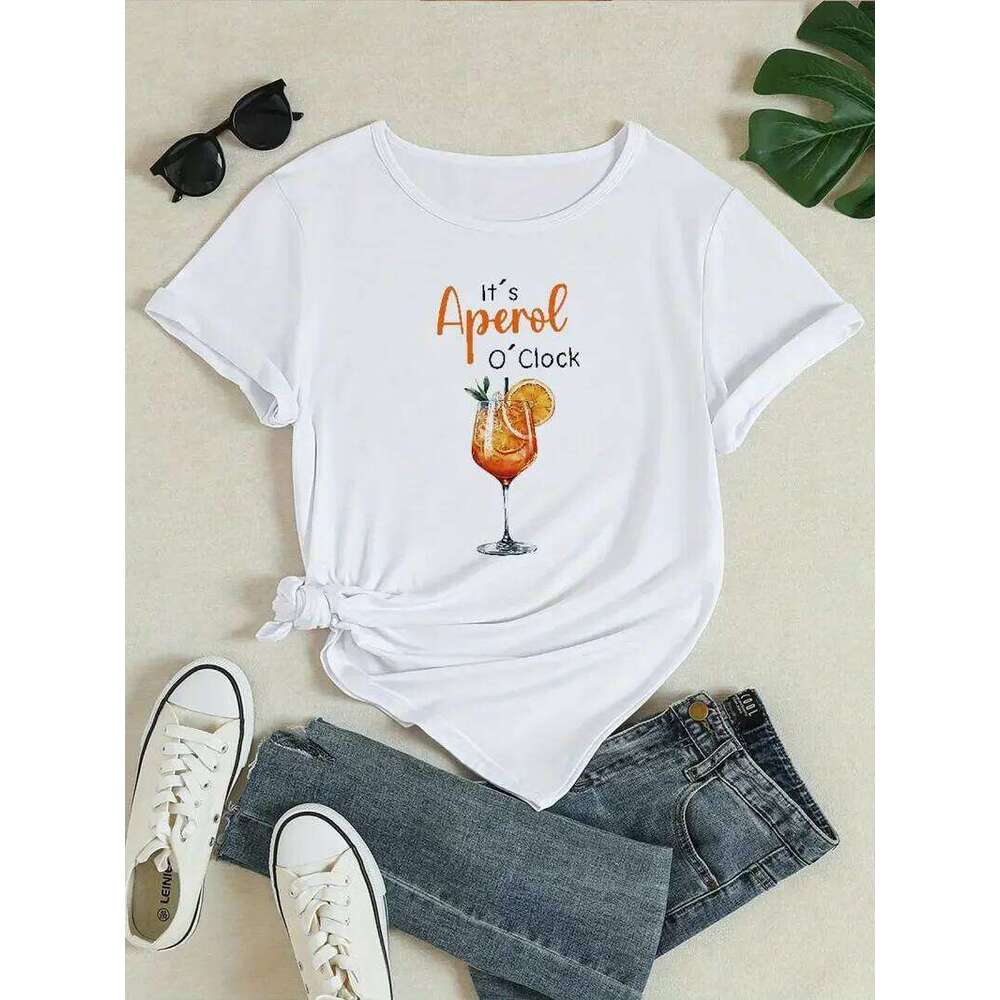 Aperol O'Clock Women's Crew Neck T-Shirt Casual Short Sleeve Letter Print Spring Summer Top Tee T Shirt Women Clothes XJ260306 XJ260306