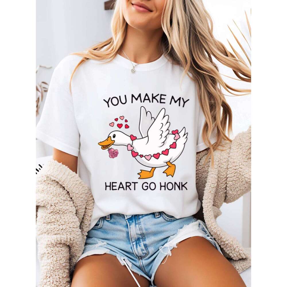 Duck with Hearts You Make My Heart Go Honk Valentine's Day T-Shirt Women Casual Wear White Plus-Size XJ260306 XJ260306