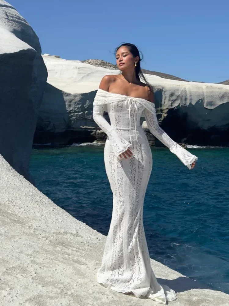 2026 Women Sexy Lace Patchwork White Maxi Dress Flared Sleeve Off Shoulder Bodycon Gowns Lady Evening Night Party Robes 260306