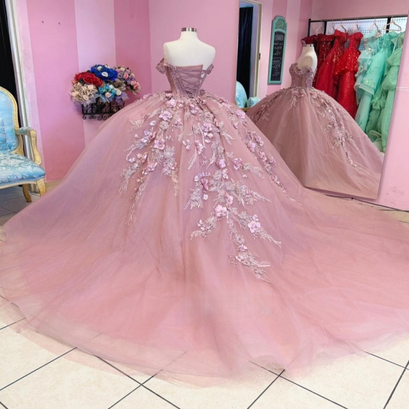 Pink Shiny Quinceanera Dresses Ball Gown Off The Shoulder Applique Flower Beading Crystal Tull Corset Party Birthday Sweet 16 Vestidos 15 De Anos