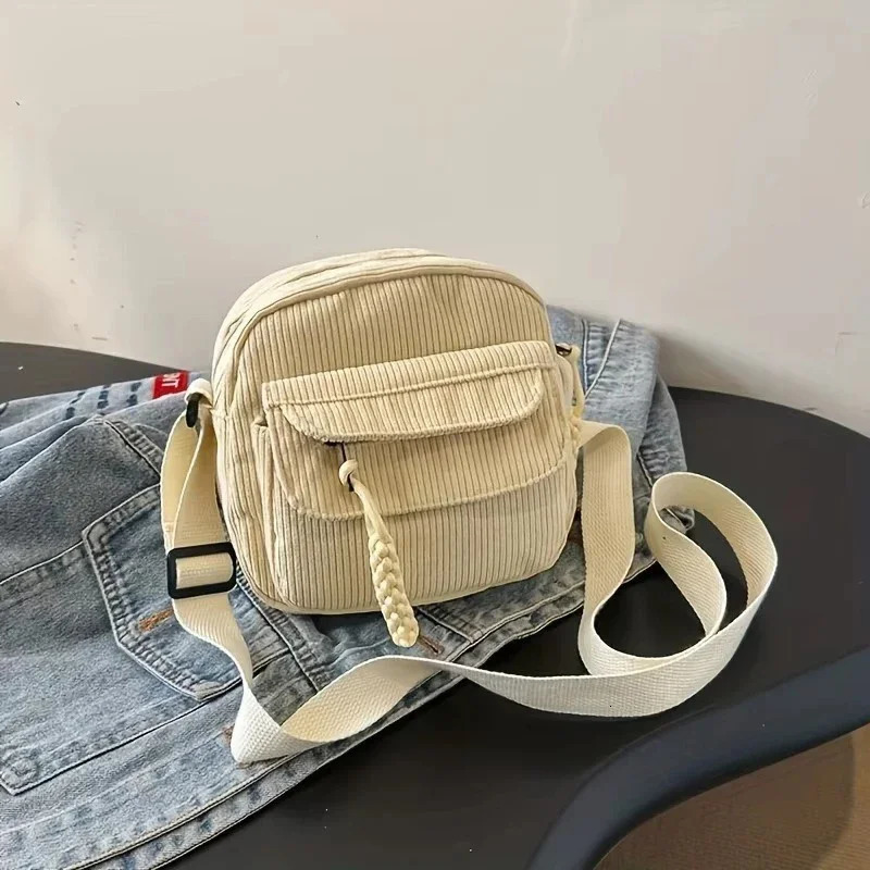 Corduroy Crossbody Bag for Women Casual Harajuku Style Zipper Closure Adjustable Strap Multi Pockets Polyester Lining Beige 260306