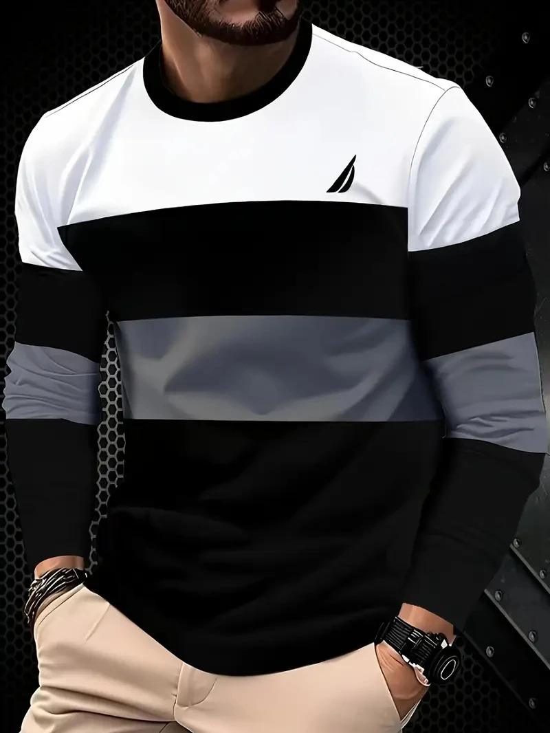 Autumn Mens Tshirt Clothing Fashion Oversized Crew Neck Long Sleeve T Shirt Top Simple casual stripe Tshirts For Men 260302