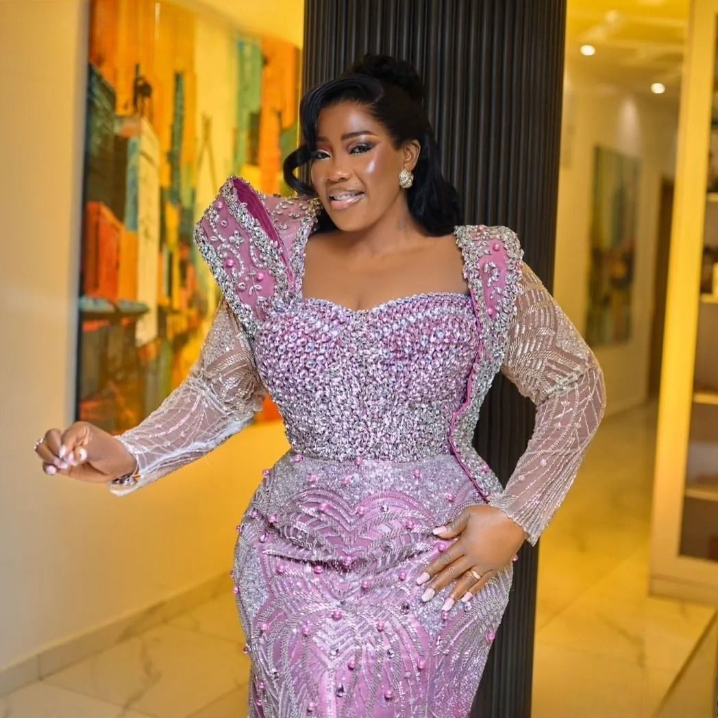 Aso Ebi Pink Dress 2026 Mermaid Prom Pearls Crystals Full Sleeves Evening For Black Women Birthday Party Formal Receiption Gowns Dresses M07 B0312