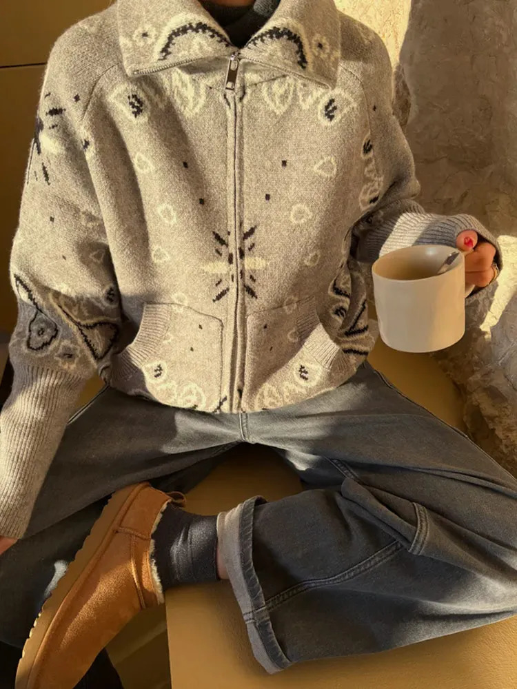 Vintage Knit Jacquard Stand Collar Women Cardigan Zipper Full Sleeve Pockets Loose Sweater 2026 Spring Lady Soft Knitwear 260306
