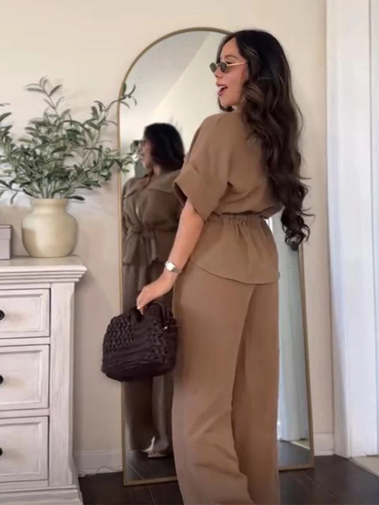 Fashion Solid Cotton Linen Shirt Pants Set Women Casual Half Sleeves Lace Up Top Wide Leg Pants Suit Summer Eleagnt Lady Outfits 260303