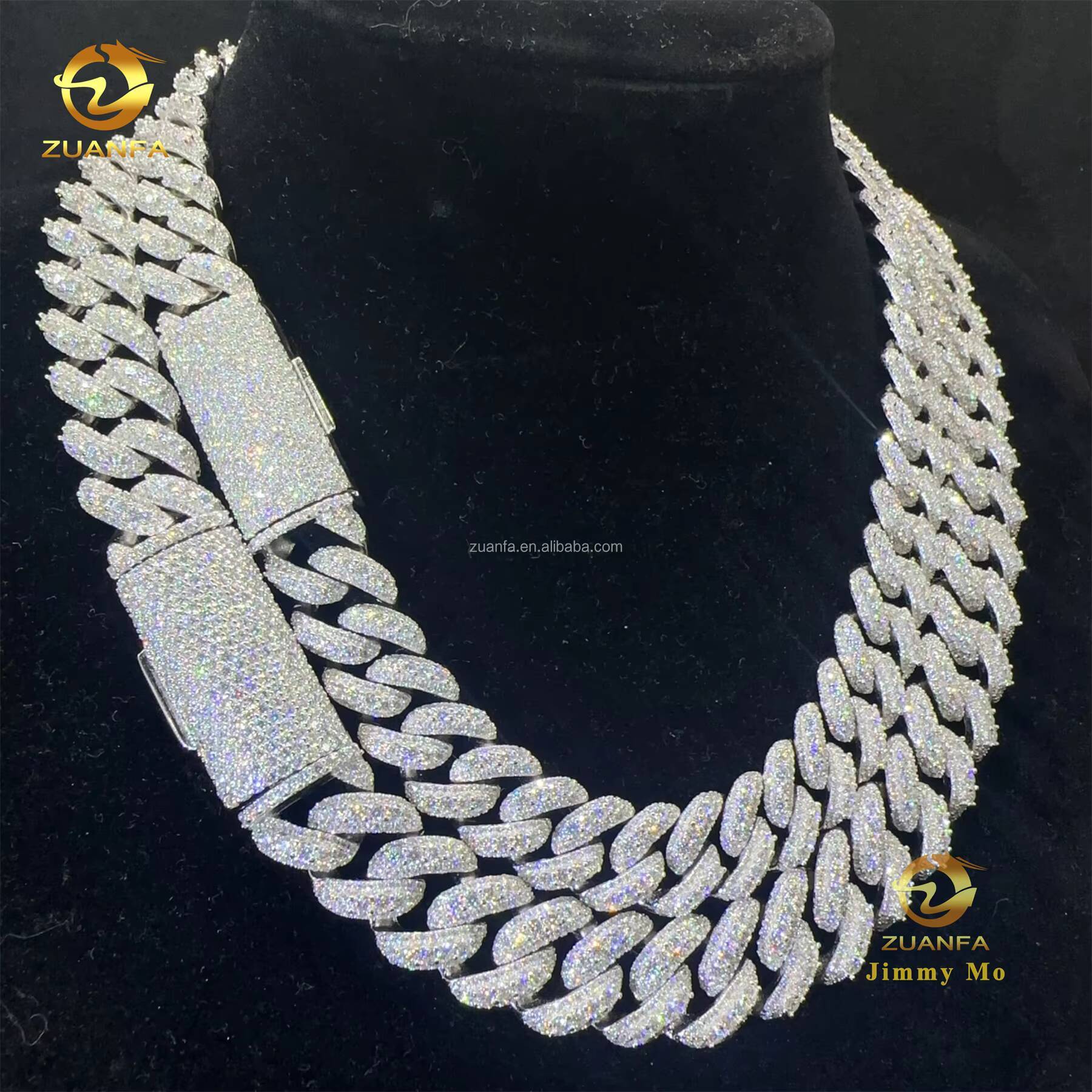 13mm 15mm Two Rows Moon Shape Big Guy Heavy Iced Out Hip Hop Flawless S925 Sterling Silver Moissanite Diamond Cuban Link Chain
