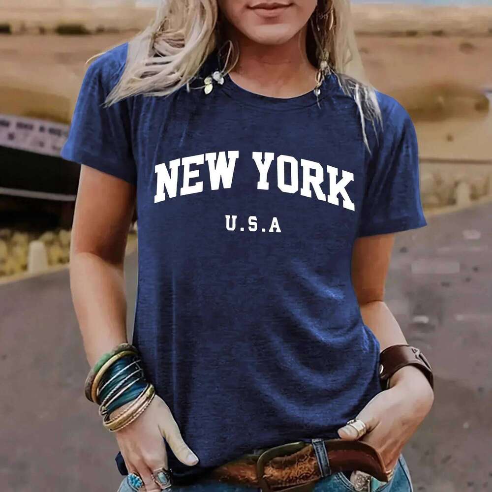 Comfortable round Neck Short Sleeve Women's York Pattern Print Summer New Style Polyester Fiber T-shirt Cross-Border XJ260306 XJ260306