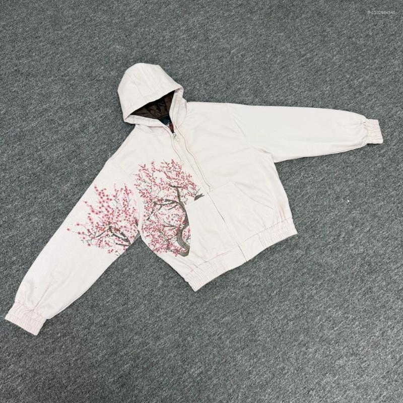 Men's Jackets 25ss Derschutze Jacket High Quality Men Women Street Fashion Casual Style Pink Blossoms Embroidery Zipper Coat
