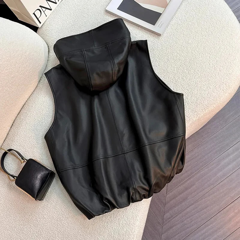 Autumn Ladies Large Size 4XL Zipper PU Leather Vest European Women Hooded Thin Waistcoat Female Short Faux Sleeveless 260306