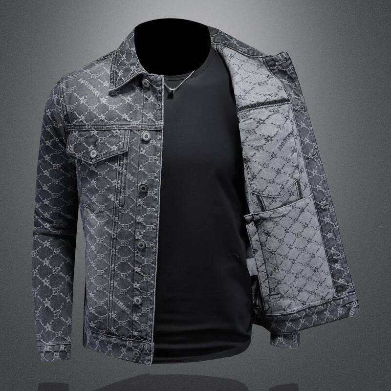 Minglu Jacquard Denim Jackets Luxury 100% Cotton Spring Auutmn Turn Down Collar Simple Casual Male Coats Man OuterWear
