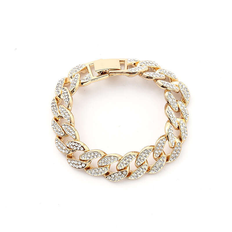 Manufacturer's foreign trade cross-border high-quality 15mm flat chain hip-hop Cuban necklace and rhinestone bracelet wholesale
