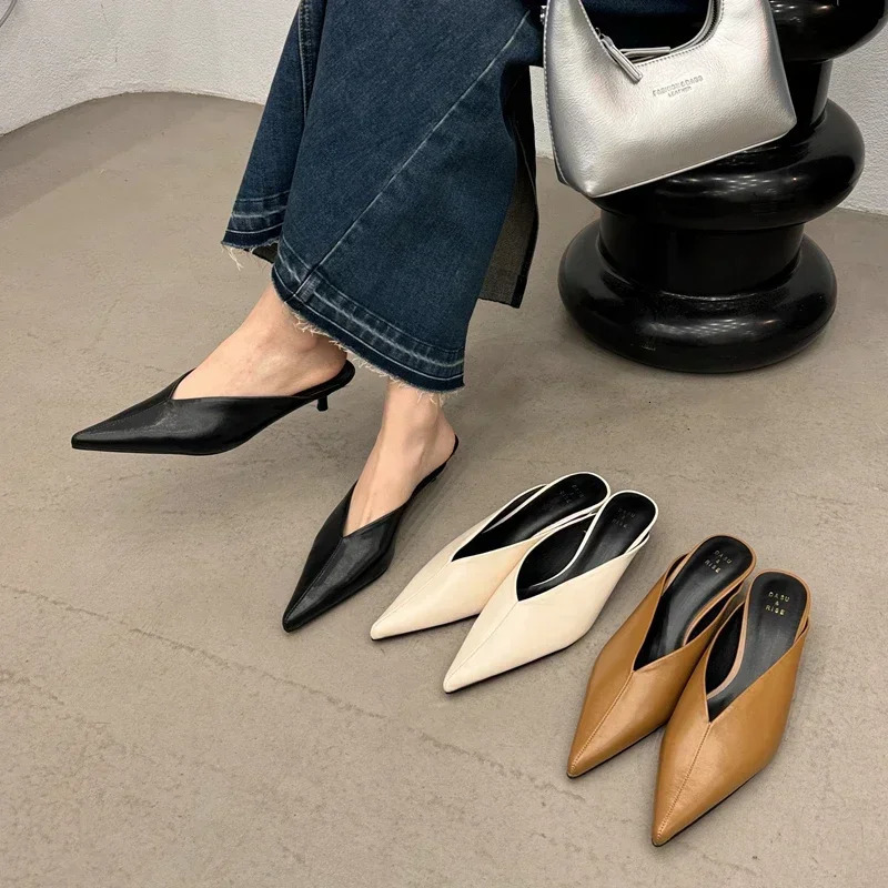 Comemore Fashion Pointed Toe Mules Slippers Women Low Heel Slingback Sandals Ladies Elegant Dress Slides Comfort Pumps Women 260303