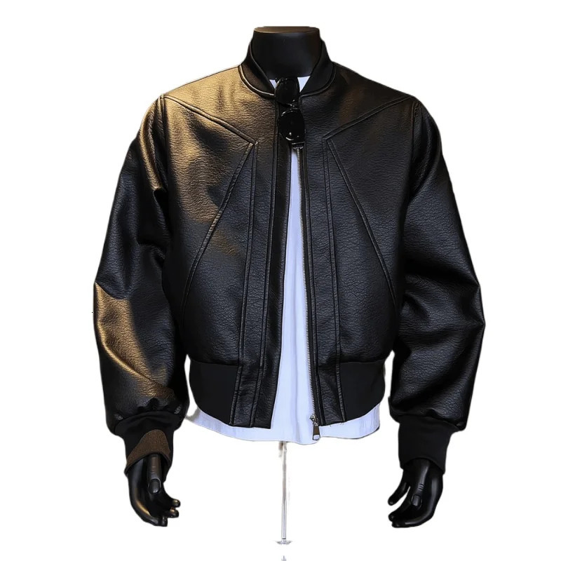 American Trend Retro Crack Leather Versatile Casual Jackets Stand Collar Leather Bomber Mens Fashion Commuter Leather Coat 260306