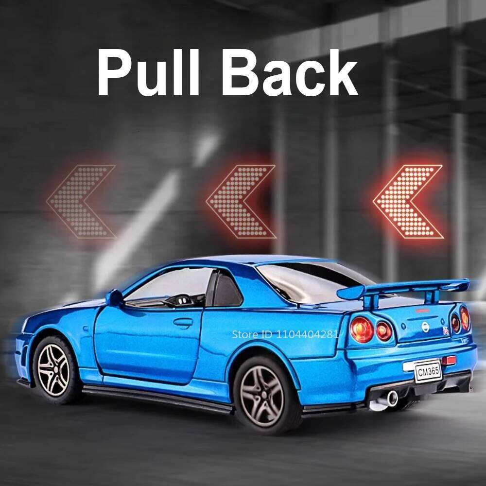 1:32 GTR R34 R35 Toys Alloy Model Cars Diecast Metal Miniature Vehices 4 Doors Opened Sound Light Pull Back Models for Kids Gift Z260306