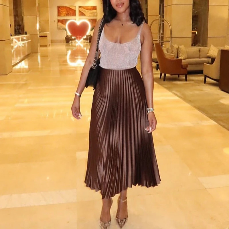 HXAO Womens Pleated Skirt Summer Brown Ruffle Skirt Cylinder Pleats Mid Waist Midi Skirt Fashion Elegant Women Long Skirt 2025 260228