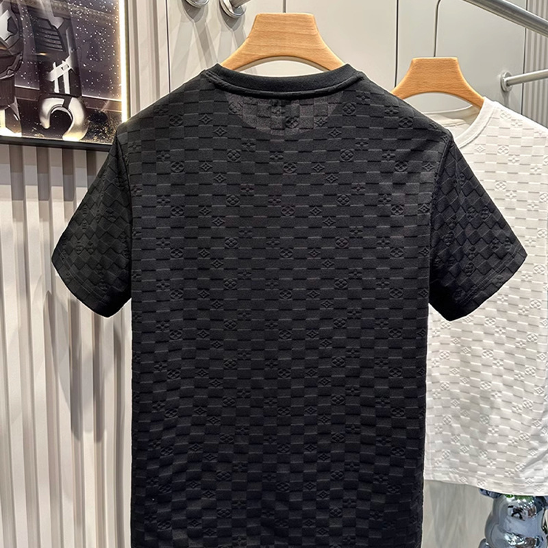 Luxury Brand Designer Clothes 2025 High-End European-Style Plaid Pattern Short-Sleeve Shirt For Men, Light Luxury, Elegant, Solid Color, Casual Round-