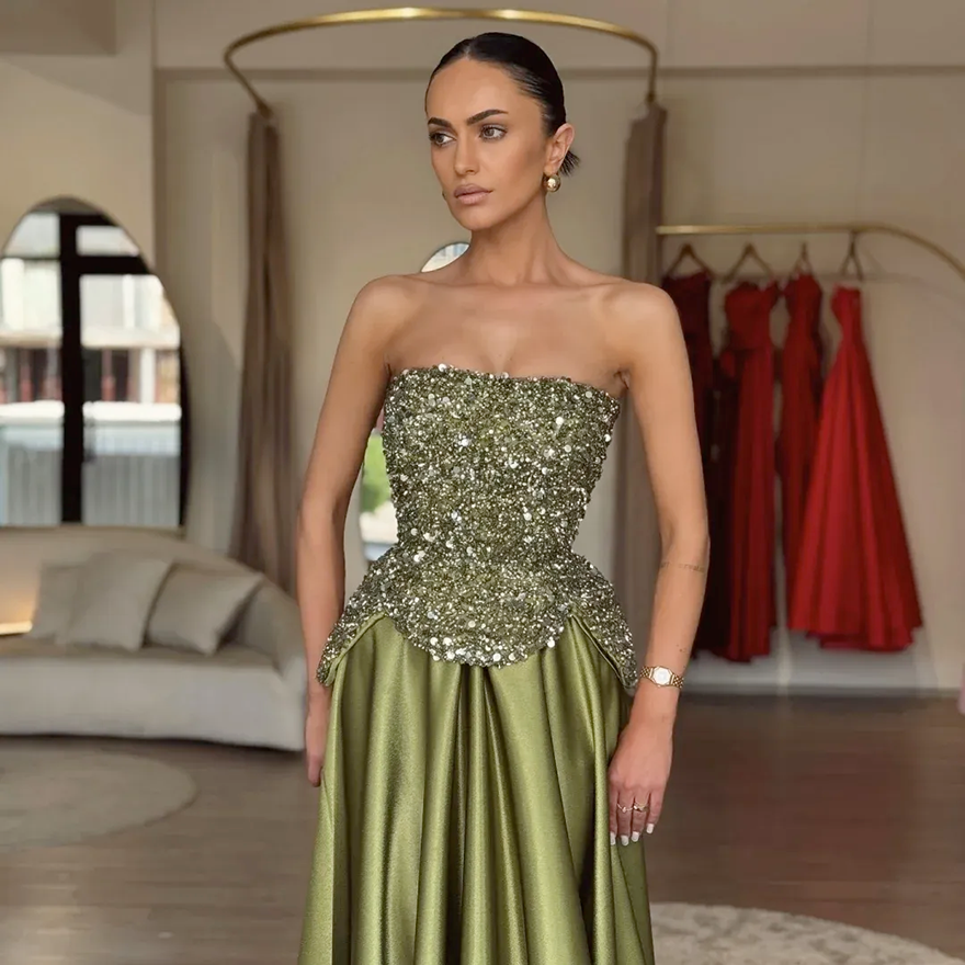 Shinny Olive Green Prom Formal Dress 2026 Strapless Beads Sequins Satin A-line Evening Pageant Party Gowns For Birthday Robe De Soriee BC592