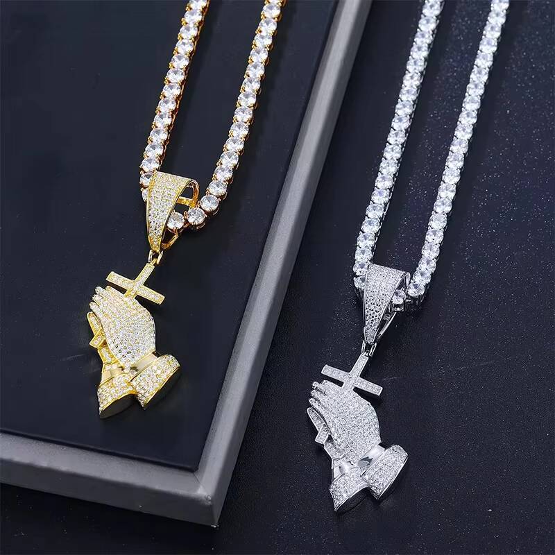D Color Moissanite Diamond Bling Cross Pray Hand Pendant Necklace in 925 Sterling Silver Hip Hop Jewelry for Men Women