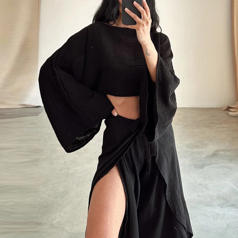 Spring Casual Solid Cotton Linen Suit Summer O Neck Crop TopLace-up Ruffle Pants Outfit Sets for Women Flare Sleeve Hollow 2pcs 260304
