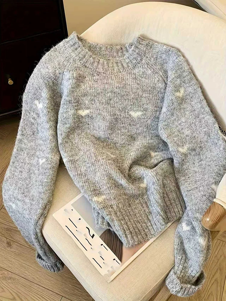 Autumn Winter Comfortable Heart Pattern Sweater Long Sleeve Pullover Round Neck Top Warm Versatile Womens Clothing 260306