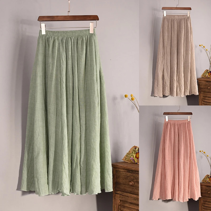 Vintage Solid Pleated Long Skirts Cotton Linen Maxi Skirt for Women Summer Elastic Waist Girls Boho Beach Skirt A-Line Skirt 260306