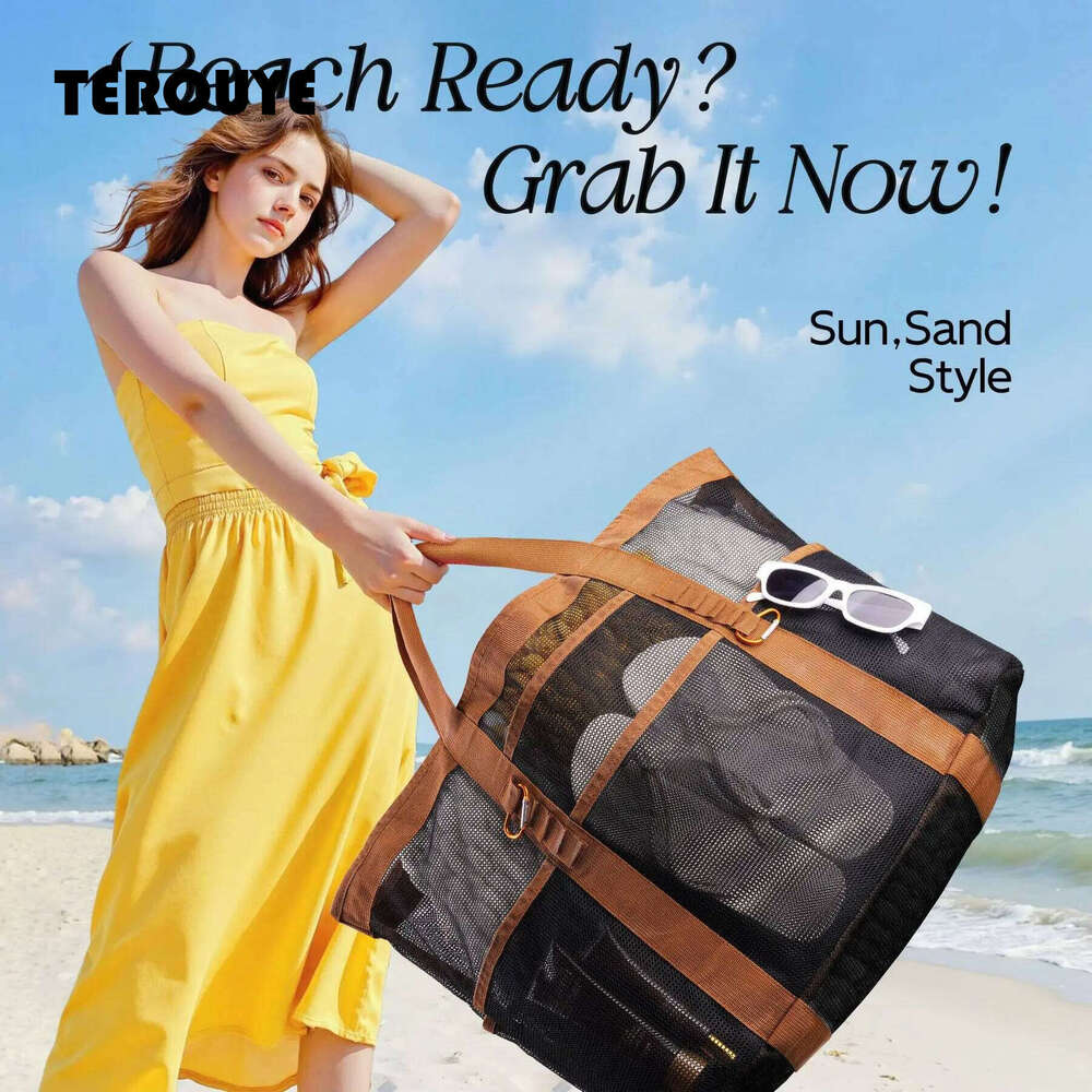 Large Ladies Colour-Blocked Foldable Mesh Tote Lightweight Spacious Beach Bag For Sunbathing Gym TEROUYE