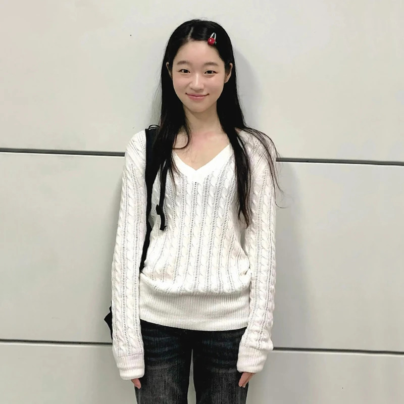 Karrram Japanese Y2k Vneck White Sweater Vintage Harajuku Knit Slim Pullover Korean Style Fall Winter Knitwear 2000s Aesthetics 260306