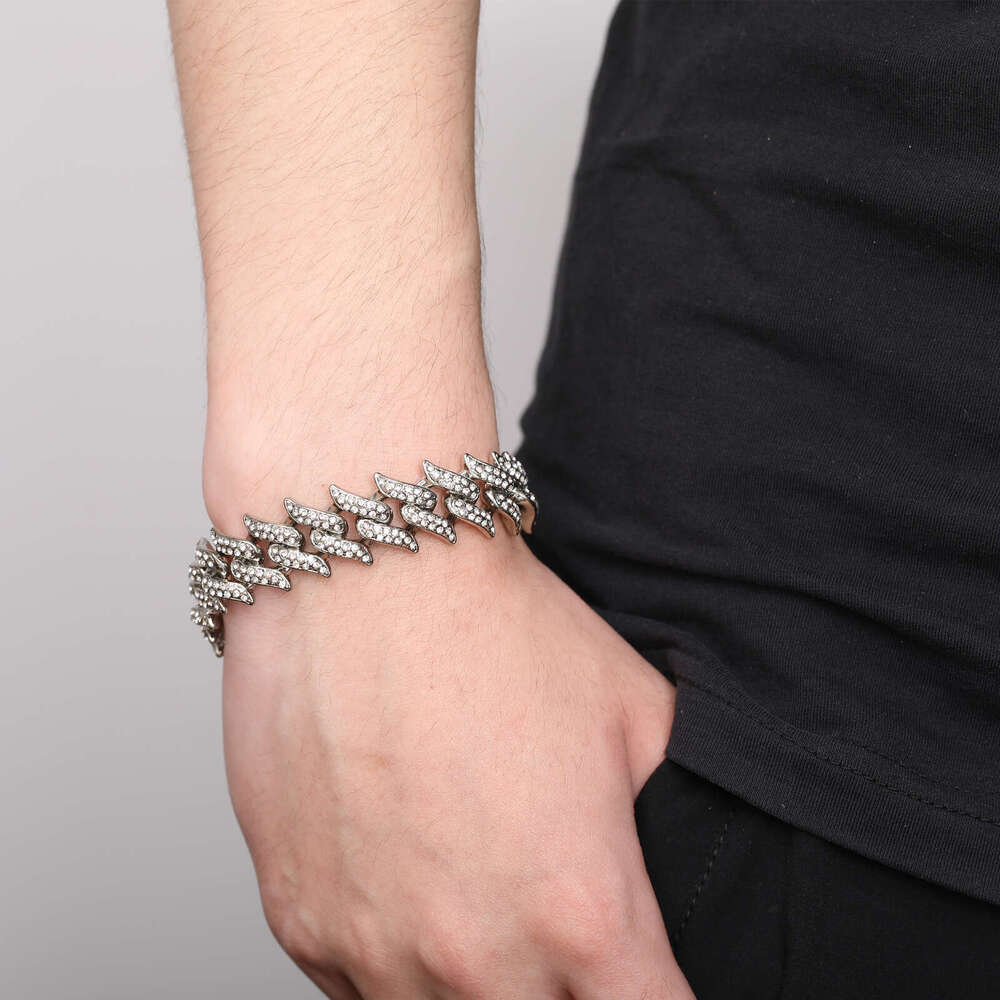 Popular new European and American bracelet with full diamond flame thorns, thick Cuban chain necklace, hip-hop best-selling item