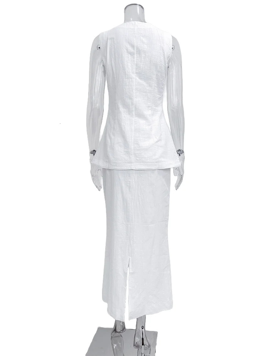 Parc Fee Summer Slim White Cotton Womens Two Pieces Set Fashion Sleeveless Tank Top With High Waist Long Skirt Female 260306