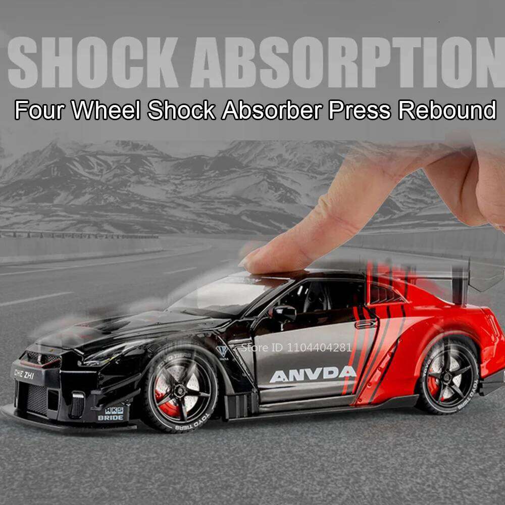 1:24 GTR Alloy Car Toys Diecast Model Spray Version Front Wheel Steering Doors Openend Sound Light Pull Back Vehice Holiday Gift Z260306