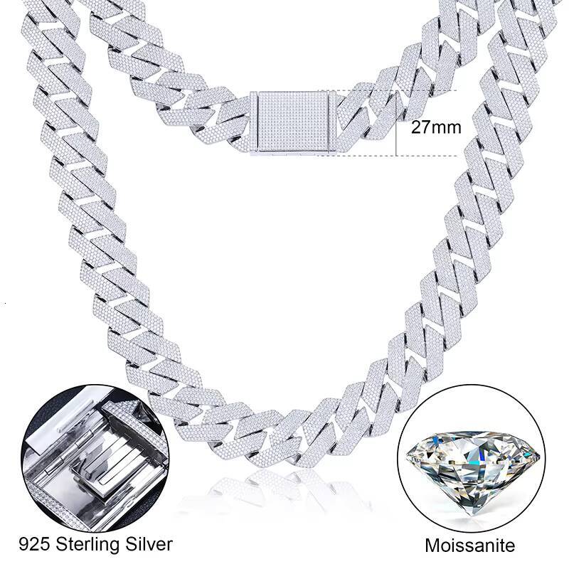 Xs Big Guy Heavy Chain 27mm 925 Sterling Silver Hand Set 5 Rows Vvs Moissanite Iced Out Cuban Link Chain Necklace for Men